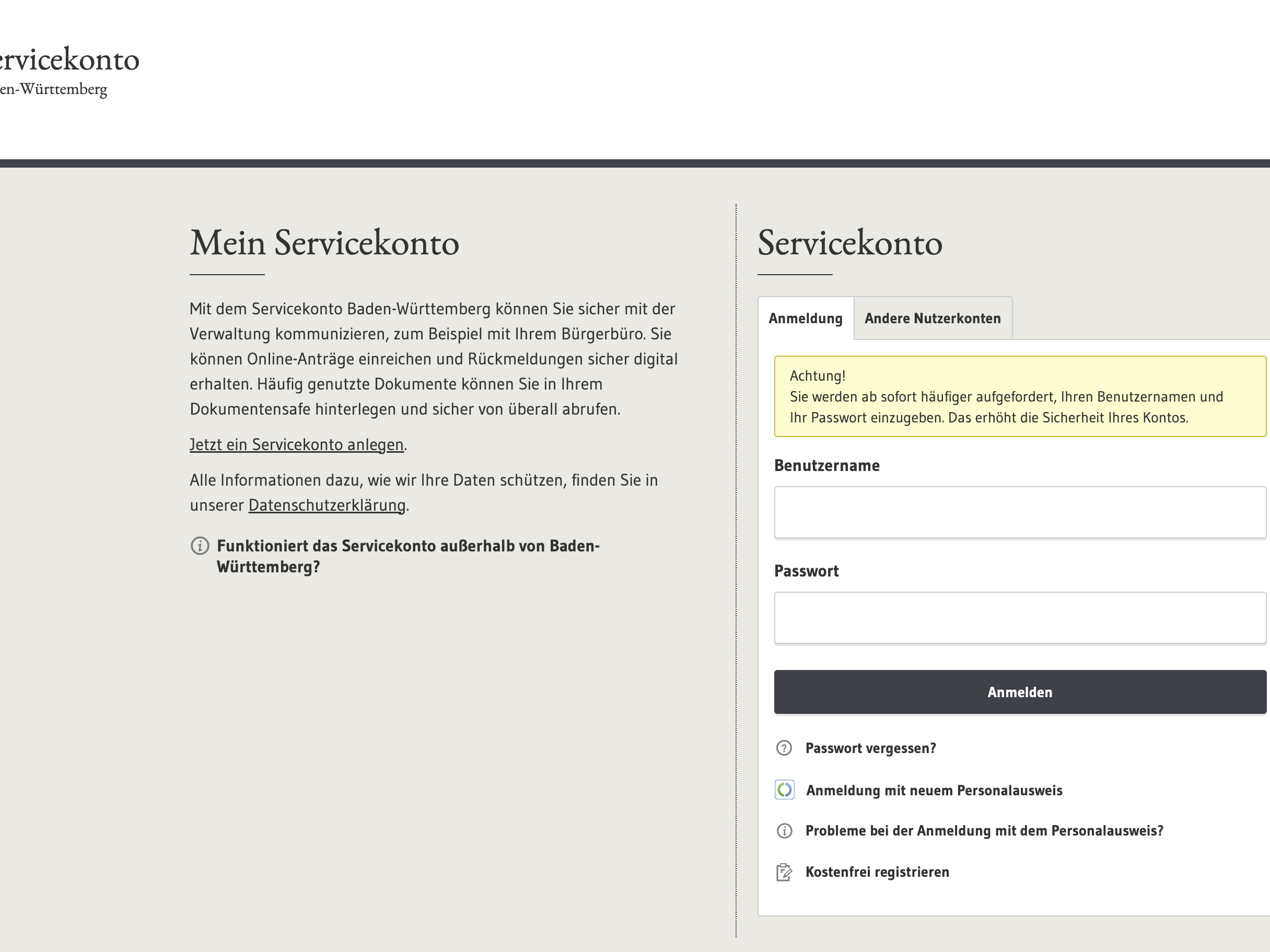 Screenshot Servicekonto